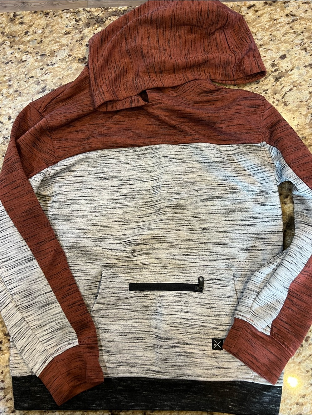 Boys Colorblock Hooded Sweatshirt in Rust and Light Gray